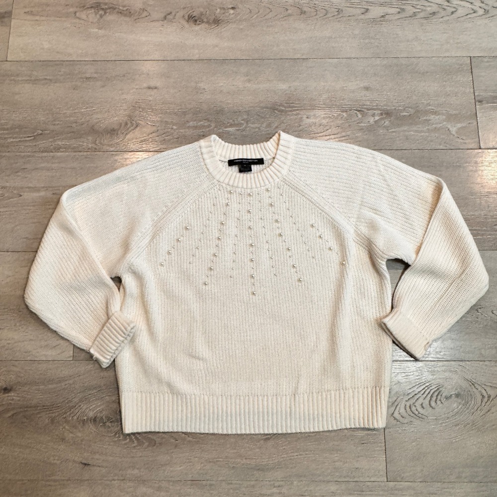 French Connection Womens Pearl‎ Embellished Cream Knit Sweater Size Small S
